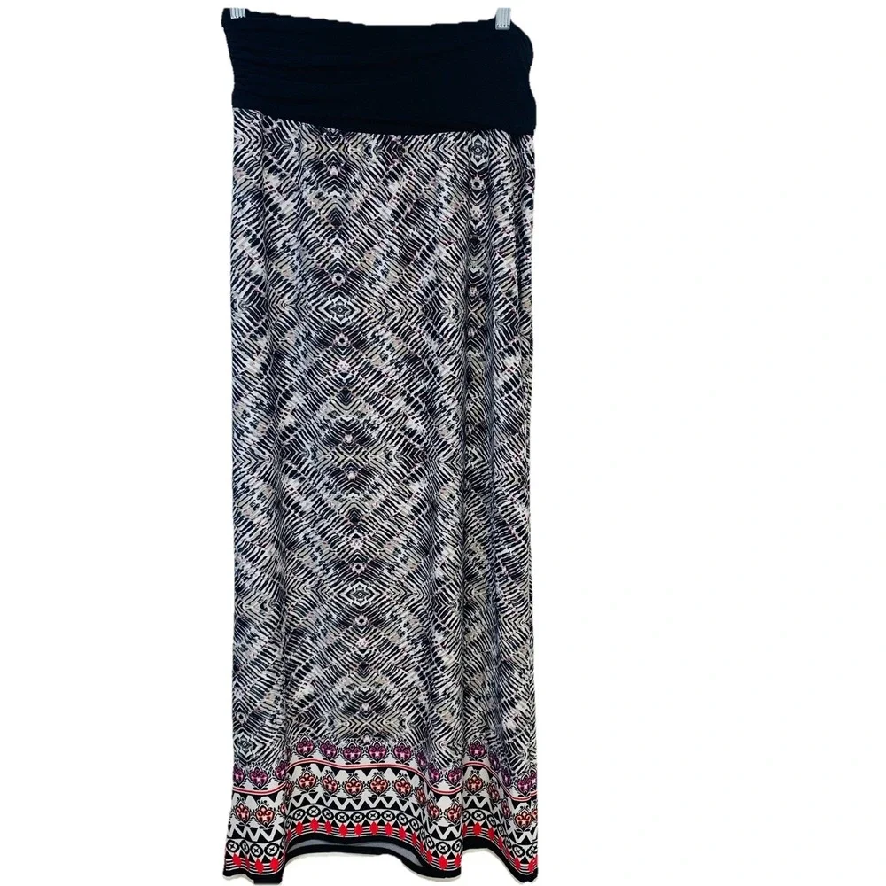 AB Studio Maxi Skirt Pull On Fold Over Stretch Knit Abstract Large‎ USA Made